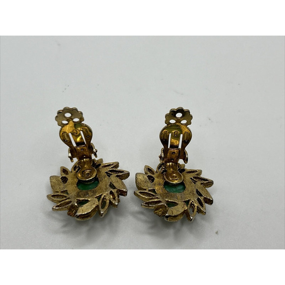 Vintage Green Oval Rhinestone Gold tone Clip On Earrings Costume - Picture 5 of 6